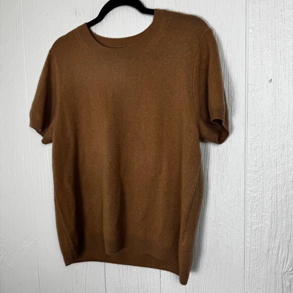 Quince Womens 100% Mongolian Cashmere Short Sleeve Sweater Size XL Camel Tee - Picture 6 of 6